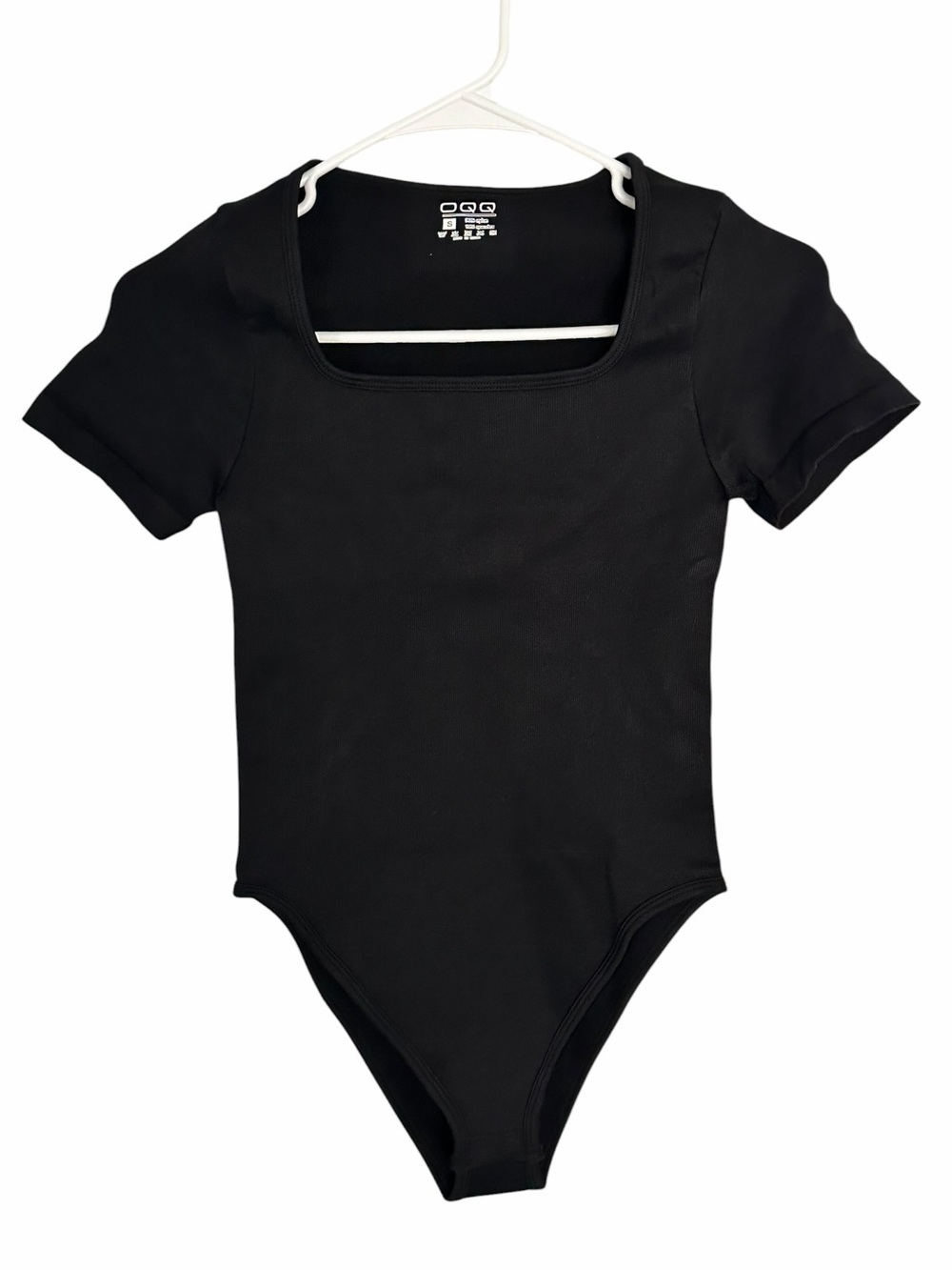 OQQ Woman’s Square Neck Black Ribbed Bodysuit - Size S PTP 12”